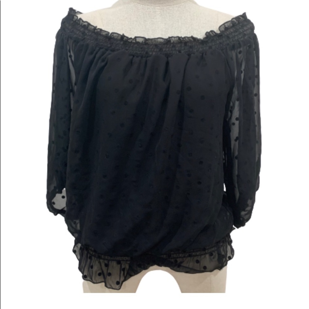 BCX black polka dot silky off shoulder top